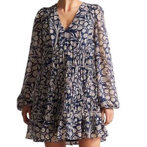 Ted Baker Tarrissa Tiered  Swing Mini Blue Tan Long Sleeves Dress Size 1 -  US 8